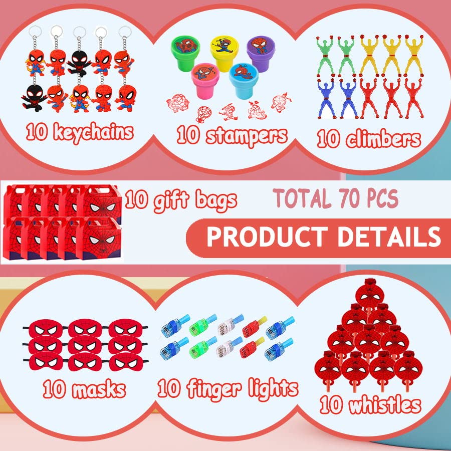 Andzerolief Spider Birthday Party Favors Supplies- (70 Pcs) Keychains, Stamps, Blower Whistles, Masks, Goodie Bags, Sticker Wall Climbers for Classroom Rewards Carnival Christmas Prizes Gifts for Kids Boys Girls - Serve 10 Guests