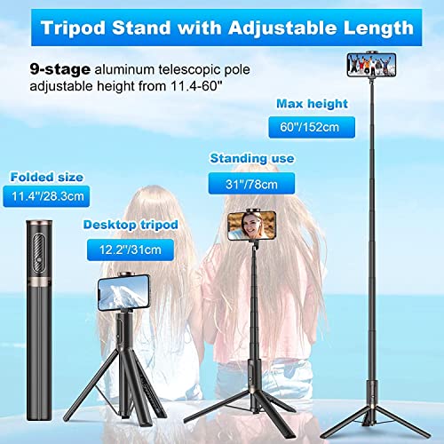 TONEOF 60" Cell Phone Selfie Stick Tripod,Smartphone Tripod Stand All-in-1 with Integrated Wireless Remote,Portable,Lightweight,Tall Extendable Phone Tripod for 4''-7'' iPhone and Android Phones