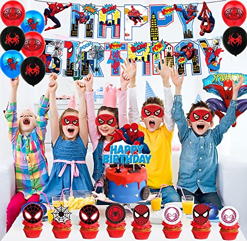 YesMae Spiderman Birthday Party Supplies, Birthday Party Decorations Includes Tablecloth, Masks, Cake Toppers, Banner, Balloons,