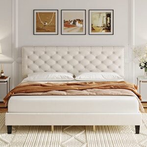 hostack queen size bed frame, modern upholstered platform bed with adjustable headboard, heavy duty button tufted bed frame with wood slat support, easy assembly, no box spring needed (beige, queen)