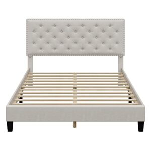 HOSTACK Queen Size Bed Frame, Modern Upholstered Platform Bed with Adjustable Headboard, Heavy Duty Button Tufted Bed Frame with Wood Slat Support, Easy Assembly, No Box Spring Needed (Beige, Queen)