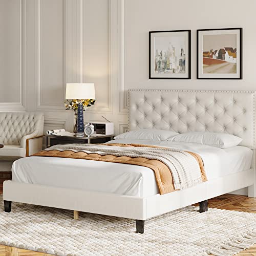 HOSTACK Queen Size Bed Frame, Modern Upholstered Platform Bed with Adjustable Headboard, Heavy Duty Button Tufted Bed Frame with Wood Slat Support, Easy Assembly, No Box Spring Needed (Beige, Queen)