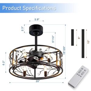 Breezary 20'' Caged Ceiling Fan with Lights Remote Control, 5 Reversible Blades Modern Chandelier Crystal Lighting Ceiling Fans for Bedroom Office