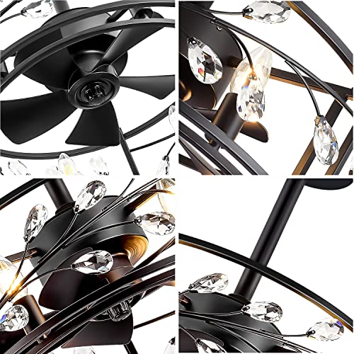 Breezary 20'' Caged Ceiling Fan with Lights Remote Control, 5 Reversible Blades Modern Chandelier Crystal Lighting Ceiling Fans for Bedroom Office