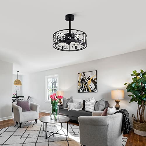 Breezary 20'' Caged Ceiling Fan with Lights Remote Control, 5 Reversible Blades Modern Chandelier Crystal Lighting Ceiling Fans for Bedroom Office