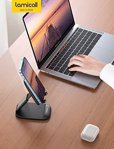 Lamicall Foldable Phone Stand for Desk - Height Adjustable Cell Phone Holder Portable Cellphone Cradle Desktop Dock Compatible with iPhone 13 Pro Max Mini, 12 11 XR X 8 7 6 Plus SE, 4-8'' Smartphone