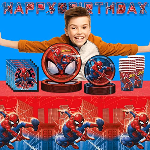 Spiderman Party Supplies | Spiderman Birthday Party Supplies | Spiderman Plates, Birthday Napkins, Paper Cups, Spiderman Tablecloth, Spiderman Birthday Banner | Marvel Superhero Birthday Party Supplies Serves 16