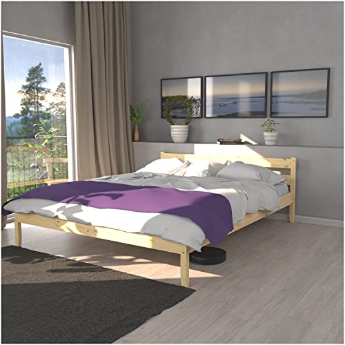 JERRY JOHANSSON Queen Size Bed Natural Solid Wood Platform Bed Frame — Foundation Bedframe with Headboard | Easy Assembly Wooden Slats | No Box Spring Needed | Rustic Pine 60 x 80 — Boston Collection