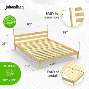 JERRY JOHANSSON Queen Size Bed Natural Solid Wood Platform Bed Frame — Foundation Bedframe with Headboard | Easy Assembly Wooden Slats | No Box Spring Needed | Rustic Pine 60 x 80 — Boston Collection