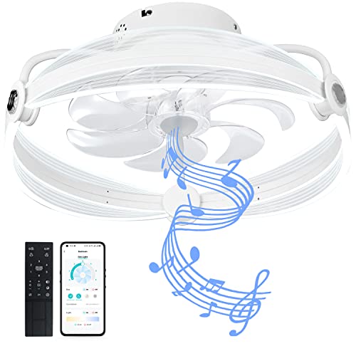 YeetFerret Flush Mount Ceiling Fan with Lights 20 Inch Bladeless Low Profile Ceiling Fan with Bluetooth Speaker Remote APP Control 3 Colors 6 Speeds Reversible (White)