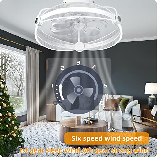 YeetFerret Flush Mount Ceiling Fan with Lights 20 Inch Bladeless Low Profile Ceiling Fan with Bluetooth Speaker Remote APP Control 3 Colors 6 Speeds Reversible (White)