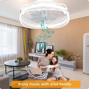 YeetFerret Flush Mount Ceiling Fan with Lights 20 Inch Bladeless Low Profile Ceiling Fan with Bluetooth Speaker Remote APP Control 3 Colors 6 Speeds Reversible (White)