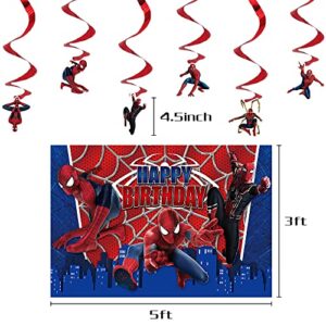 Spider Birthday Decorations Spider Theme Party Supplies for Kids Boys Include Happy Birthday Banner, Cake Topper, Backdrop, 6 Hanging Swirls, 18 Latex Balloons, 24 Cupcake Toppers