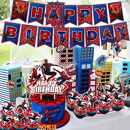 Spider Birthday Decorations Spider Theme Party Supplies for Kids Boys Include Happy Birthday Banner, Cake Topper, Backdrop, 6 Hanging Swirls, 18 Latex Balloons, 24 Cupcake Toppers