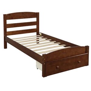 Platform Twin Bed Frame with Storage Drawer and Wood Slat Support No Box Spring Needed (Walnut)