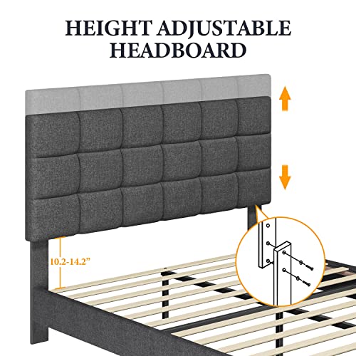 Yaheetech Upholstered Bed Frame, Platform Bed Frame with Adjustable Headboard, Mattress Foundation, Strong Wooden Slats Support, No Box Spring Needed, Dark Grey, Full