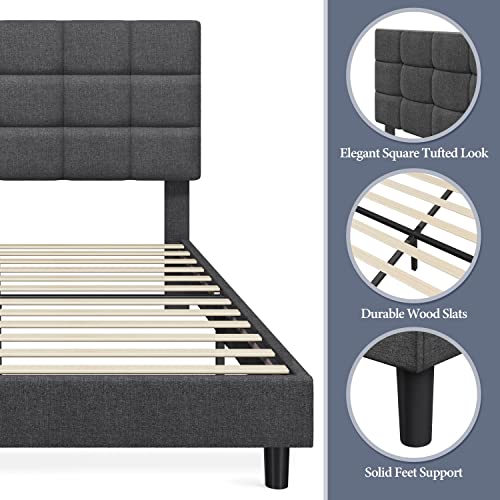 Yaheetech Upholstered Bed Frame, Platform Bed Frame with Adjustable Headboard, Mattress Foundation, Strong Wooden Slats Support, No Box Spring Needed, Dark Grey, Full