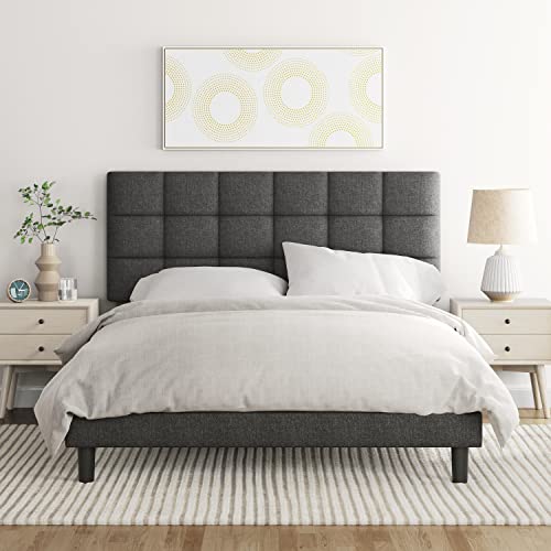 Yaheetech Upholstered Bed Frame, Platform Bed Frame with Adjustable Headboard, Mattress Foundation, Strong Wooden Slats Support, No Box Spring Needed, Dark Grey, Full