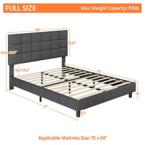 Yaheetech Upholstered Bed Frame, Platform Bed Frame with Adjustable Headboard, Mattress Foundation, Strong Wooden Slats Support, No Box Spring Needed, Dark Grey, Full