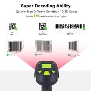 Alacrity Upgraded 2D Industrial Barcode Scanner with Wireless Charging Stand, 1968 Feet Transmission Distance 433Mhz Wireless & Bluetooth 2in1 Barcode Reader, Shock Dust Proof Hands Free