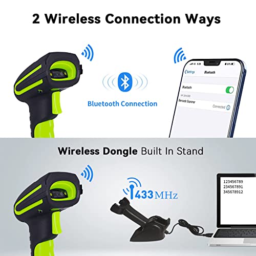 Alacrity Upgraded 2D Industrial Barcode Scanner with Wireless Charging Stand, 1968 Feet Transmission Distance 433Mhz Wireless & Bluetooth 2in1 Barcode Reader, Shock Dust Proof Hands Free