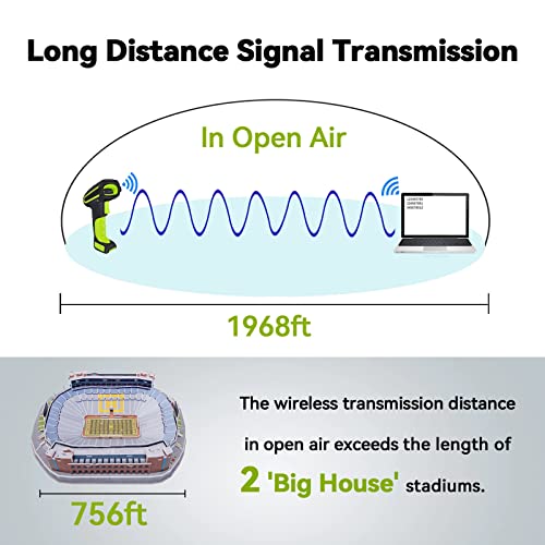 Alacrity Upgraded 2D Industrial Barcode Scanner with Wireless Charging Stand, 1968 Feet Transmission Distance 433Mhz Wireless & Bluetooth 2in1 Barcode Reader, Shock Dust Proof Hands Free