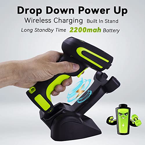 Alacrity Upgraded 2D Industrial Barcode Scanner with Wireless Charging Stand, 1968 Feet Transmission Distance 433Mhz Wireless & Bluetooth 2in1 Barcode Reader, Shock Dust Proof Hands Free