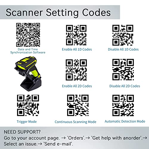 Alacrity Upgraded 2D Industrial Barcode Scanner with Wireless Charging Stand, 1968 Feet Transmission Distance 433Mhz Wireless & Bluetooth 2in1 Barcode Reader, Shock Dust Proof Hands Free