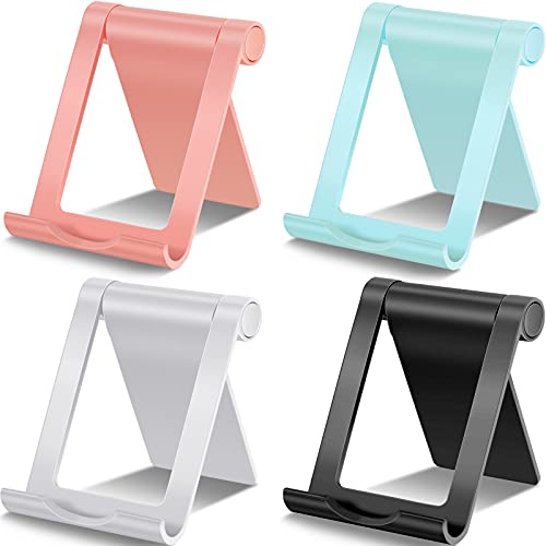 4 Pieces Cell Phone Stand Foldable Phone Holder Multi-Angle Universal Mobile Phone Stand Portable Smartphone Dock Compatible with Most Cell Phone and Tablet for Desk (Black, White, Blue, Pink)