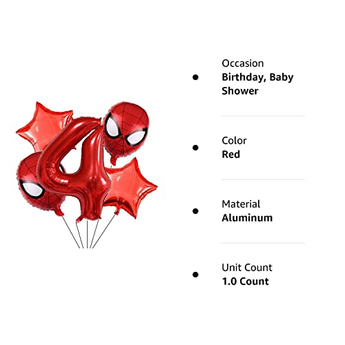 Superhero Spiderman 4th Birthday Decorations Red Number 4 Balloons 32 Inch | The Spiderman Birthday Balloons for Kids Birthday Baby Shower Decorations (Spiderman 4th Birthday)