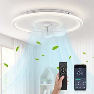 nooknova 20'' white smart low profile indoor flush mount ceiling fan with lights, small modern bladeless ceiling fan with led light remote and app control for bedroom etc, 6 speed, stepless dimming