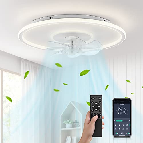 NookNova 20'' White Smart Low Profile Indoor Flush Mount Ceiling Fan with Lights, Small Modern Bladeless Ceiling Fan with LED Light Remote and APP Control for Bedroom etc, 6 Speed, Stepless Dimming