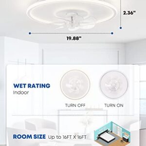 NookNova 20'' White Smart Low Profile Indoor Flush Mount Ceiling Fan with Lights, Small Modern Bladeless Ceiling Fan with LED Light Remote and APP Control for Bedroom etc, 6 Speed, Stepless Dimming