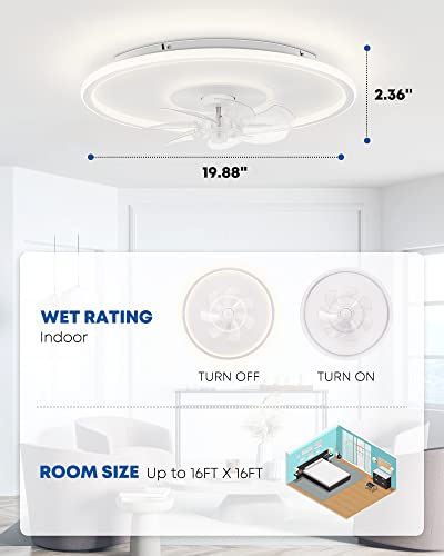 NookNova 20'' White Smart Low Profile Indoor Flush Mount Ceiling Fan with Lights, Small Modern Bladeless Ceiling Fan with LED Light Remote and APP Control for Bedroom etc, 6 Speed, Stepless Dimming