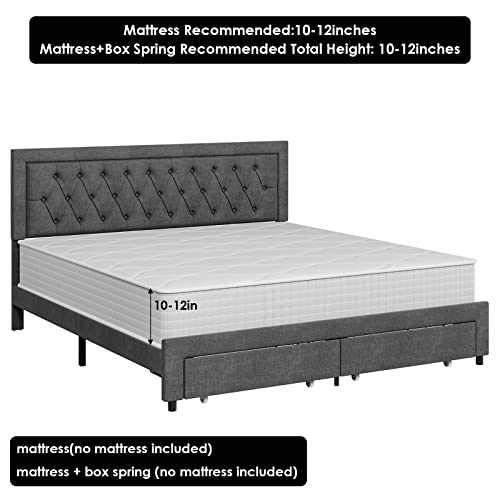 Full Bed Frame with 2 Storage Drawers, Fabric Upholstered Platform Bed Frame with Deep-set Pattern Button Tufted Headboard, Sturdy Wood Slats Support Mattress Foundation, No Box Spring Needed, Grey