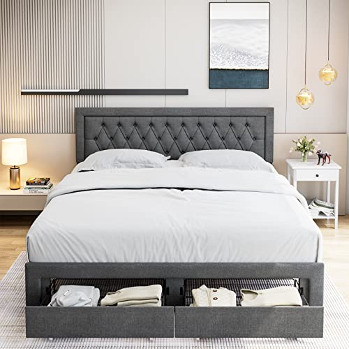Full Bed Frame with 2 Storage Drawers, Fabric Upholstered Platform Bed Frame with Deep-set Pattern Button Tufted Headboard, Sturdy Wood Slats Support Mattress Foundation, No Box Spring Needed, Grey