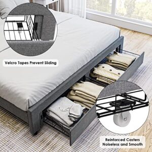 Full Bed Frame with 2 Storage Drawers, Fabric Upholstered Platform Bed Frame with Deep-set Pattern Button Tufted Headboard, Sturdy Wood Slats Support Mattress Foundation, No Box Spring Needed, Grey