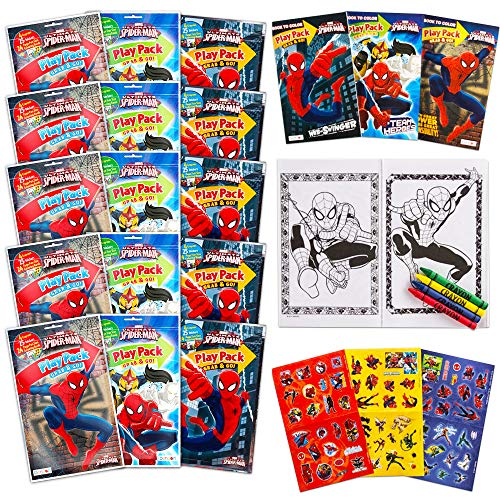 Set Of 15 Spiderman Play Packs Fun Party Favors Coloring Book Crayons Stickers Plus Loot Bags