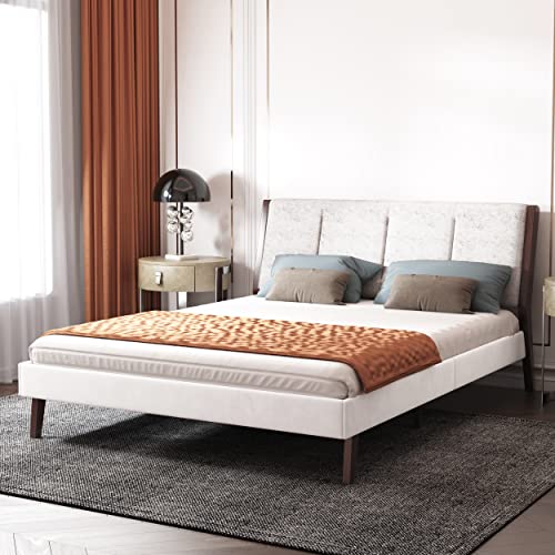 AGARTT Modern Upholstered Platform Queen Size Bed Frame with Unique Headboard Easy Assembly Cream Velvet