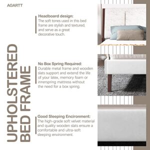 AGARTT Modern Upholstered Platform Queen Size Bed Frame with Unique Headboard Easy Assembly Cream Velvet
