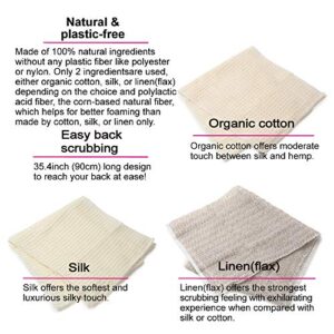 Exfoliating Washcloth [Made in Japan] Shower Back Scrubber, Plastic-Free 100% Natural and Plant-Based Loofah [Eco Friendly Loofah for Women and Men] (3pcs Set (Cotton, Linen and Silk))