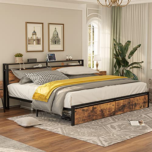 LIKIMIO King Bed Frame with Storage Headboard, Platform Bed with Drawers and Charging Station, No Box Spring Needed, Easy Assembly, Vintage Brown