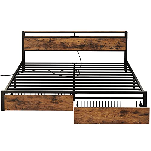 LIKIMIO King Bed Frame with Storage Headboard, Platform Bed with Drawers and Charging Station, No Box Spring Needed, Easy Assembly, Vintage Brown