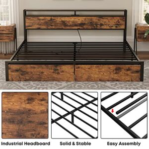 LIKIMIO King Bed Frame with Storage Headboard, Platform Bed with Drawers and Charging Station, No Box Spring Needed, Easy Assembly, Vintage Brown