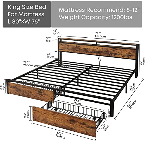 LIKIMIO King Bed Frame with Storage Headboard, Platform Bed with Drawers and Charging Station, No Box Spring Needed, Easy Assembly, Vintage Brown