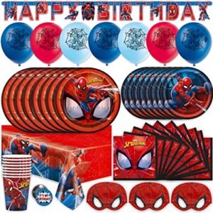 spiderman birthday party supplies set | spiderman party supplies | spiderman birthday decorations | serves 16 guests | with balloons, banner, table cover, plates, cups, napkins, masks, button