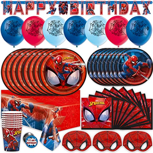 Spiderman Birthday Party Supplies Set | Spiderman Party Supplies | Spiderman Birthday Decorations | Serves 16 Guests | With Balloons, Banner, Table Cover, Plates, Cups, Napkins, Masks, Button