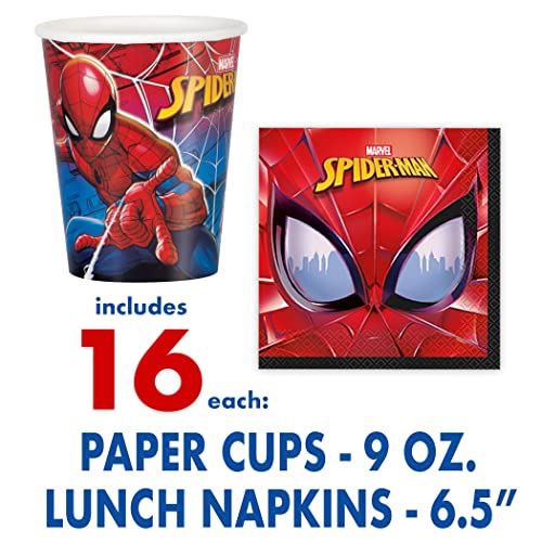 Spiderman Birthday Party Supplies Set | Spiderman Party Supplies | Spiderman Birthday Decorations | Serves 16 Guests | With Balloons, Banner, Table Cover, Plates, Cups, Napkins, Masks, Button