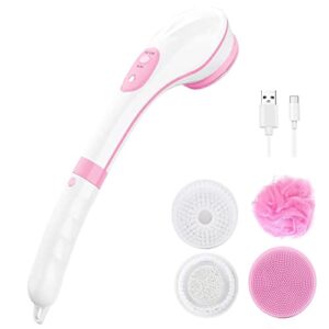 JTSea Electric Bath Brush Set, Waterproof Electric Body Scrubber & Silicone Facial Brush，4 Spin Brush Heads, Shower Brush Bath Scrubber Exfoliating, Back Brush Long Handle for Shower Women Men