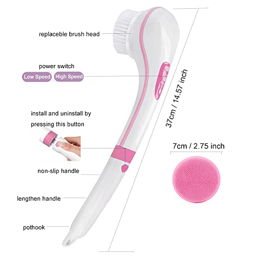 JTSea Electric Bath Brush Set, Waterproof Electric Body Scrubber & Silicone Facial Brush，4 Spin Brush Heads, Shower Brush Bath Scrubber Exfoliating, Back Brush Long Handle for Shower Women Men